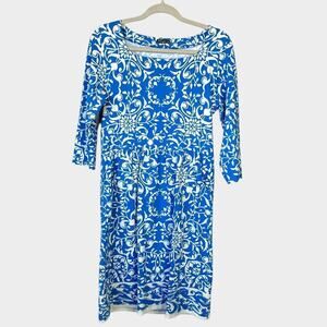 J MCLAUGHLIN Catalina Cloth Sheath Dress Blue White Size Medium Half Sleeves